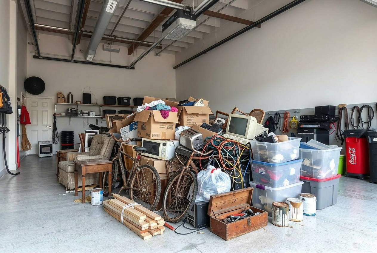 Cluttered residential garage filled with junk before cleanout